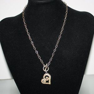 Silver Heart Chain Necklace Rhinestones